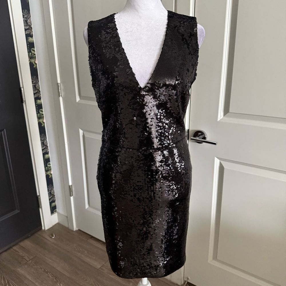 Veronica Beard Black Sequin V-Neck Sheath Dress